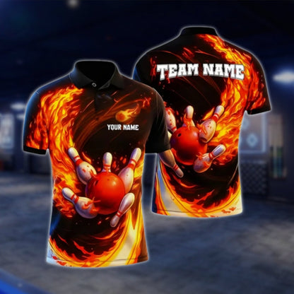 Custom Fire Ball Bowling Mens Polo Shirt, Custom Flame Bowling Shirts For Team BZ0331