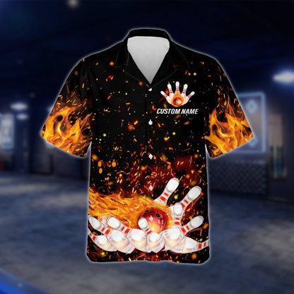 Custom Flaming Ball And Pins Bowling Hawaiian Shirt Mens, Custom Flame Bowling Shirts For Team BZ0139