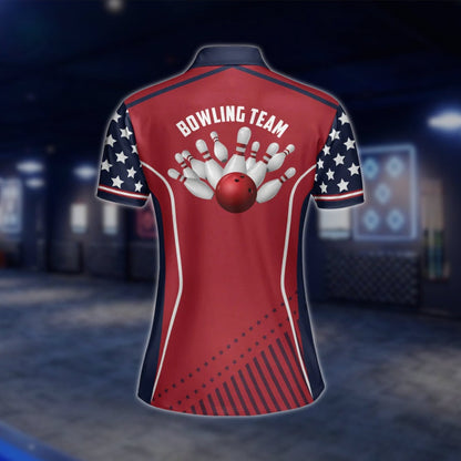 Custom Womens Red Navy USA Flag Bowling Polo Shirt, Custom Patriotic Bowling Team Shirts For Ladies BZ0146