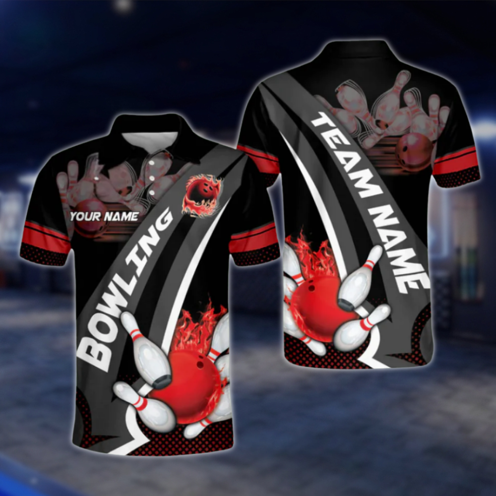 Custom Team Flame Ball Bowling Polo Shirt For Mens, Black And Red Custom Bowling Shirts BO0107