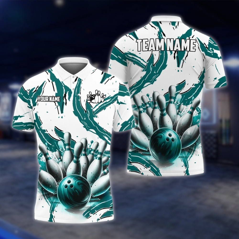 Personalized Mens Cyan White Abstract Bowling Polo Shirt, Custom Bowling Team Shirts BZ0751