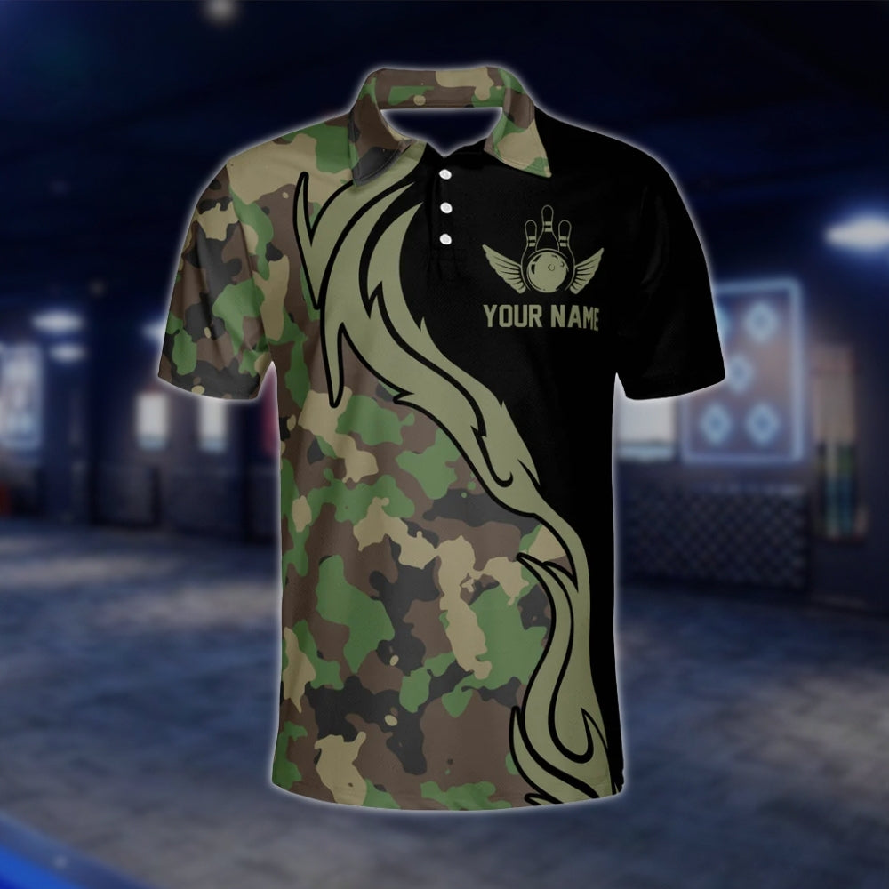 Custom Green Camouflage Bowling Mens Polo Shirt, Custom Camo Bowling Team Shirts BM0334