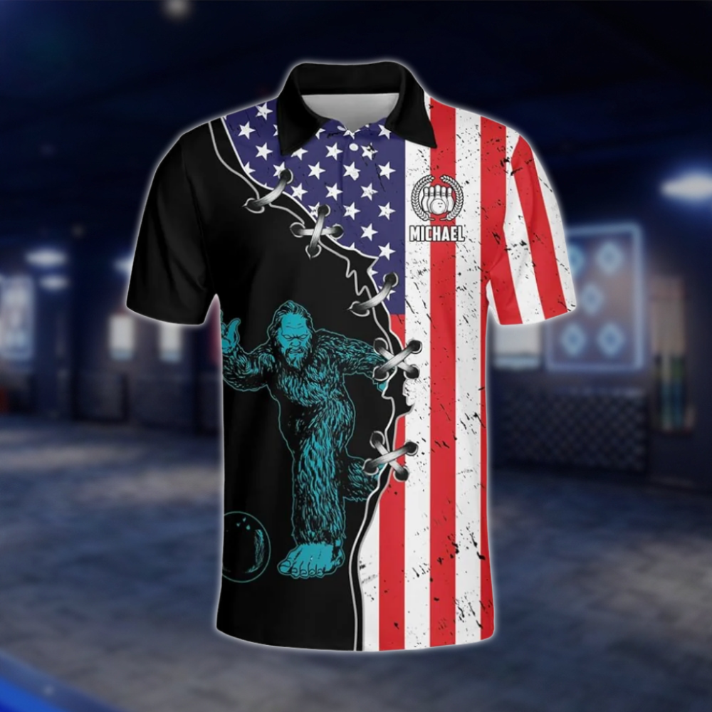 Personalized Bigfoot USA Flag Men's Bowling Polo Shirt, Custom Sasquatch Bowling Shirt For Team BZ0784