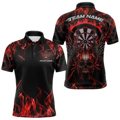Skull Red Flaming Mens Personalized Darts Button Polo