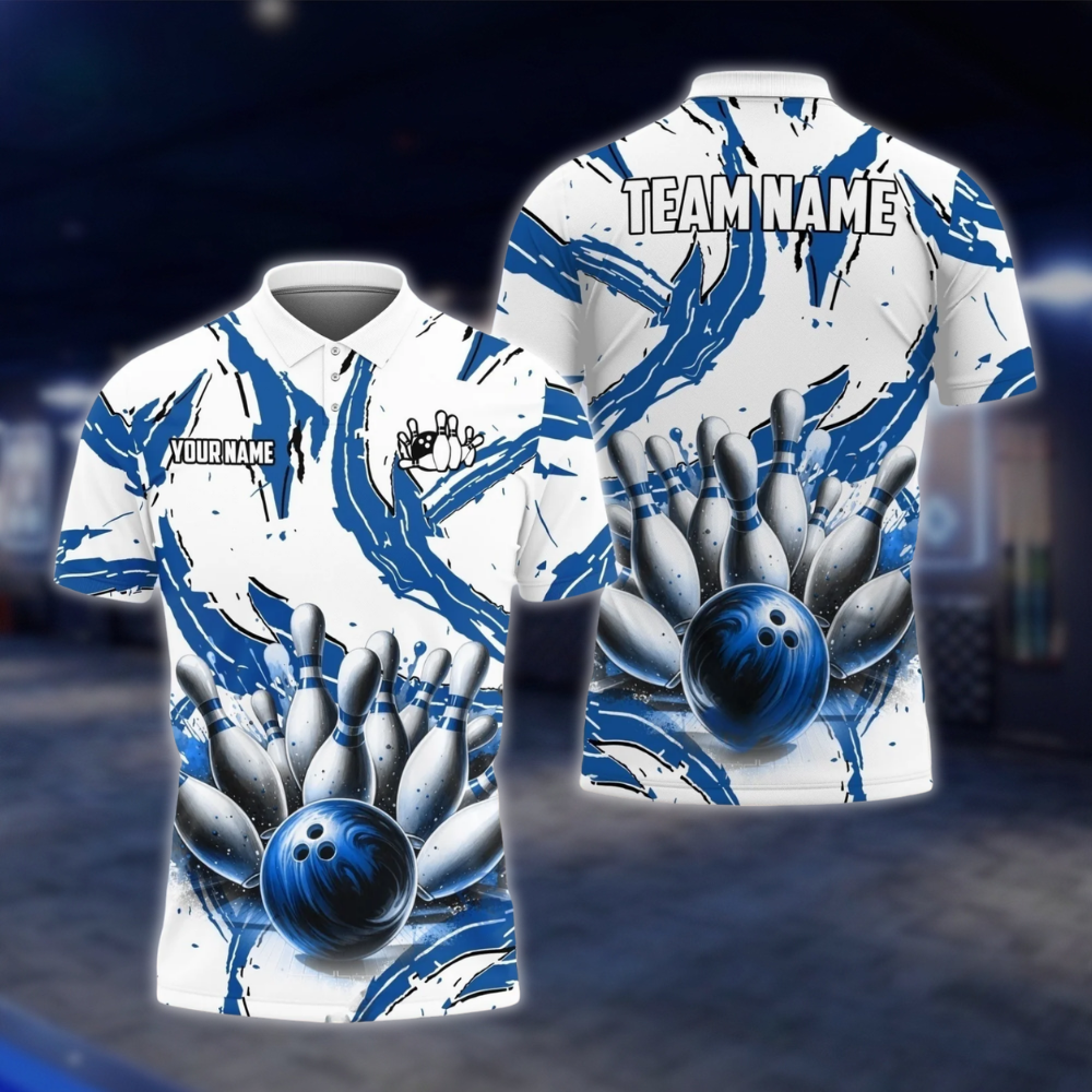 Personalized Mens Cyan White Abstract Bowling Polo Shirt, Custom Bowling Team Shirts BZ0751