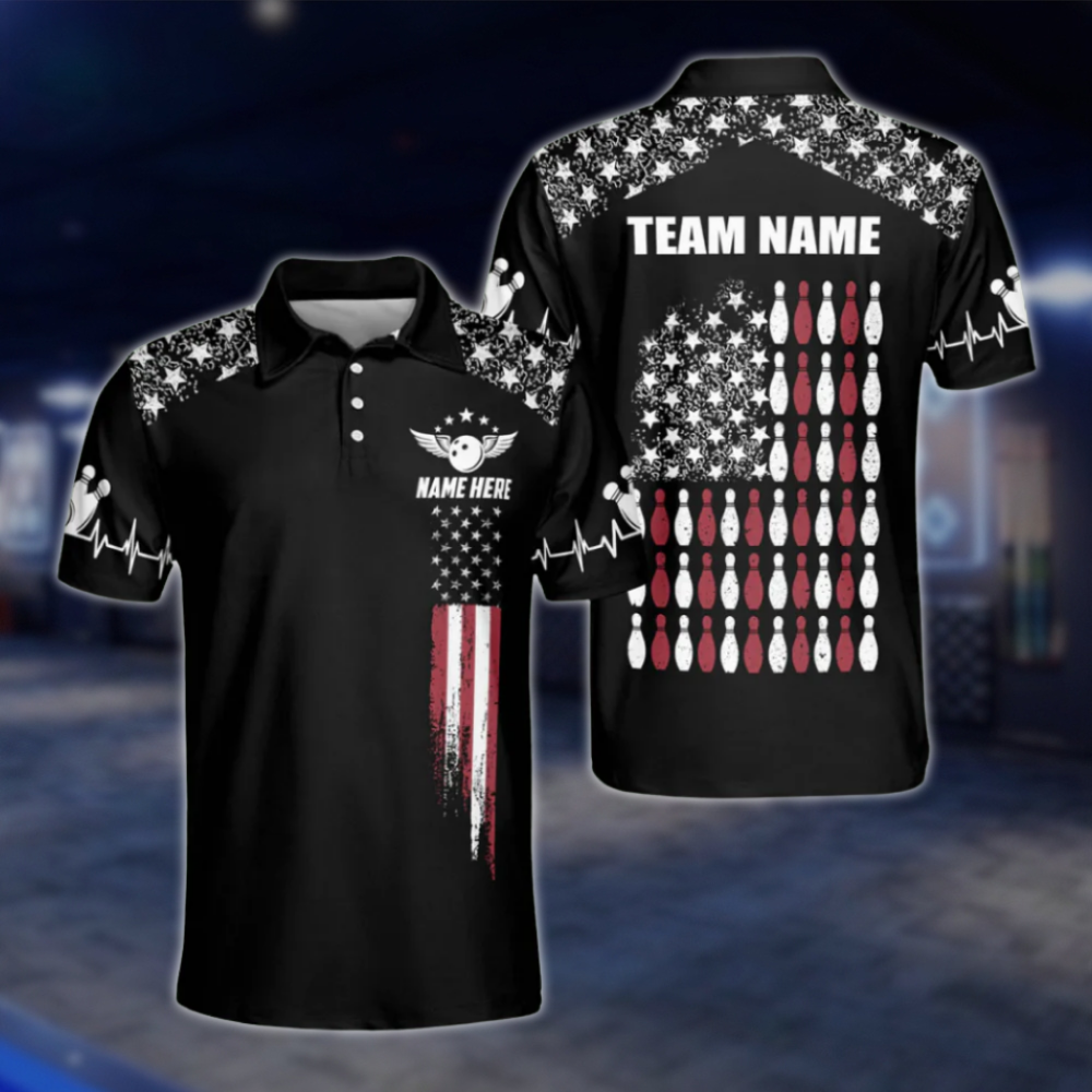 Personalised American Flag Black Polo Bowling Team Shirts, Custom Patriotic Bowling Shirts Team BZ0049