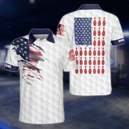 USA Flag Custom Mens White Bowling Polo Shirt, Custom Name Patriotic Bowling Shirt With Name BZ0148