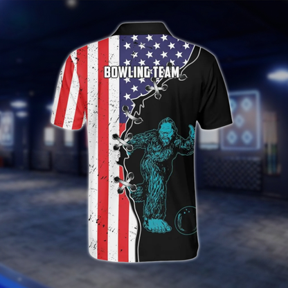 Personalized Bigfoot USA Flag Men's Bowling Polo Shirt, Custom Sasquatch Bowling Shirt For Team BZ0784