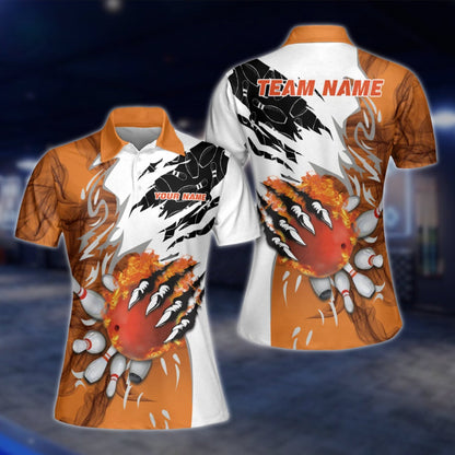 Flame Orange And White Custom Bowling Polo Shirts Women, Custom Flame Team Bowling Shirt Ladies BW0136