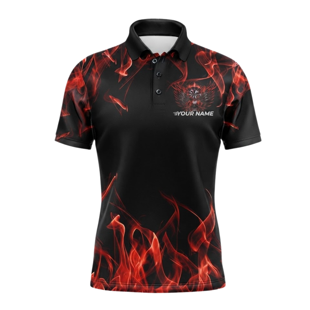Skull Red Flaming Mens Personalized Darts Button Polo