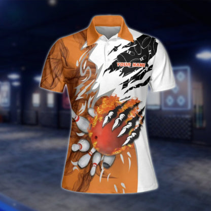 Flame Orange And White Custom Bowling Polo Shirts Women, Custom Flame Team Bowling Shirt Ladies BW0136