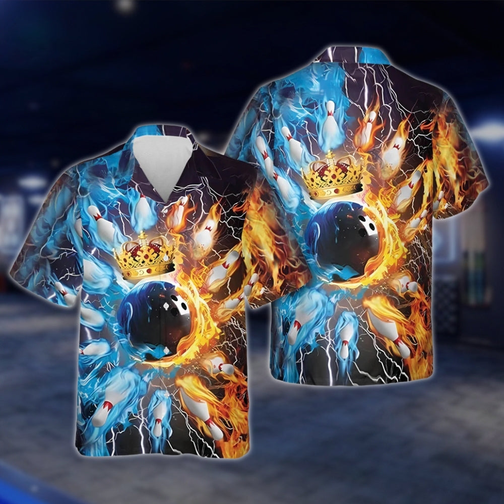 King Ball Flame Blue Orange Bowling Hawaiian Shirt, Flame Bowling Shirts BZ0140