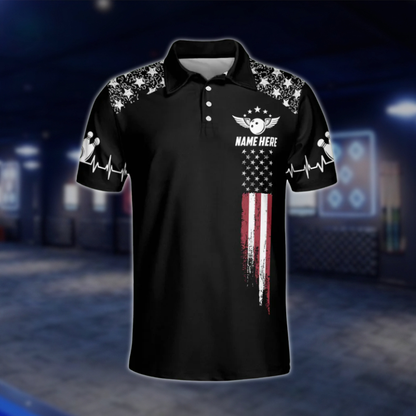 Personalised American Flag Black Polo Bowling Team Shirts, Custom Patriotic Bowling Shirts Team BZ0049