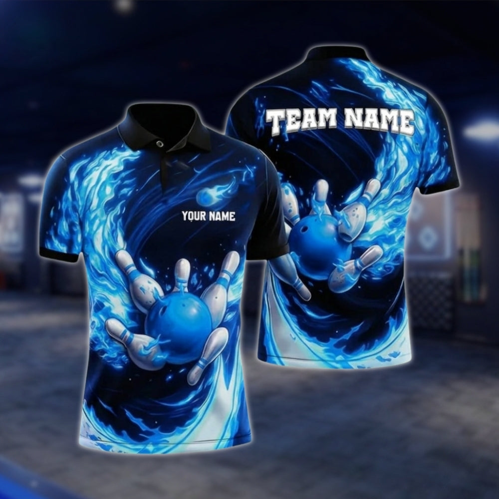 Custom Fire Ball Bowling Mens Polo Shirt, Custom Flame Bowling Shirts For Team BZ0331