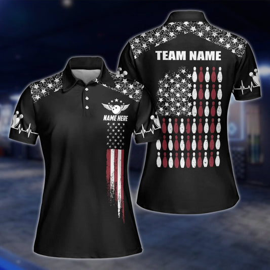 American Flag Custom Womens Bowling Polo Shirt, Custom Patriotic Bowling Team Shirt For Women BW0145