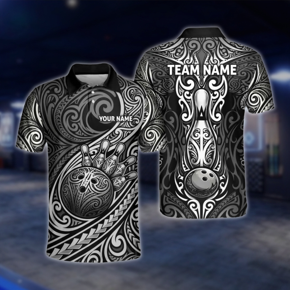 Personalized Tribal Black Grey Bowling Polo Shirt Men, Custom Tribal Bowling Shirt For Team BZ0933