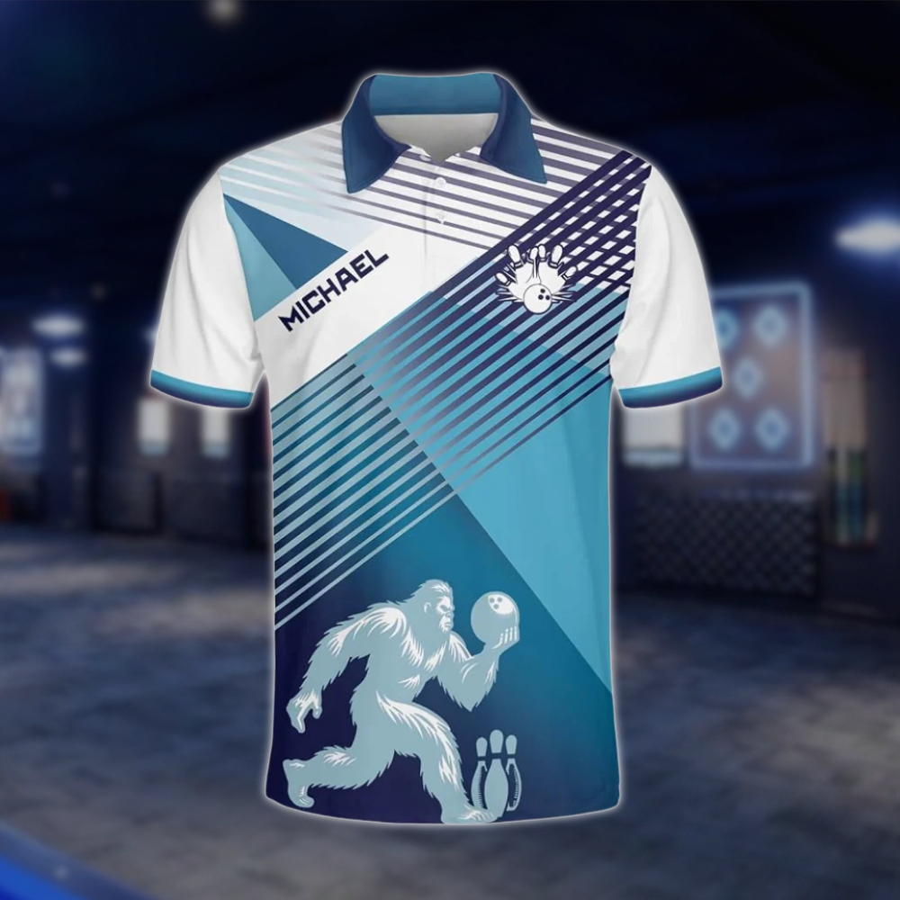 Personalized Sasquatch Blue White Bowling Mens Polo Shirt, Custom Bigfoot Bowling Team Shirt BZ0785