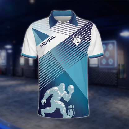 Personalized Sasquatch Blue White Bowling Mens Polo Shirt, Custom Bigfoot Bowling Team Shirt BZ0785