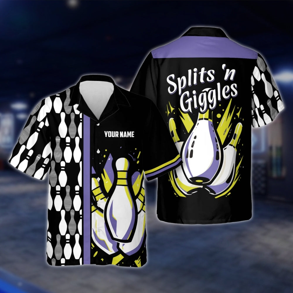 Splits'n Giggles Custom Name Black Purple Bowling Hawaiian Shirt, Custom Funny Bowling Shirts BE0030