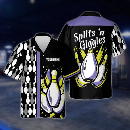 Splits'n Giggles Custom Name Black Purple Bowling Hawaiian Shirt, Custom Funny Bowling Shirts BE0030