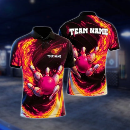 Custom Fire Ball Bowling Mens Polo Shirt, Custom Flame Bowling Shirts For Team BZ0331