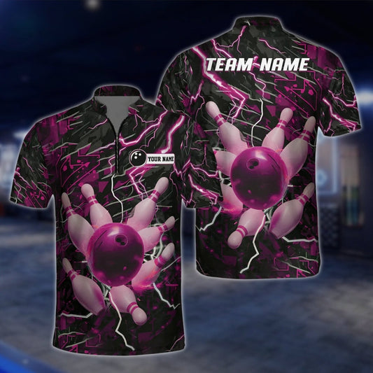 Custom Pink Thunder Lightning Mens Bowling Jersey, Custom Thunder Team Bowling Shirts BZ0165