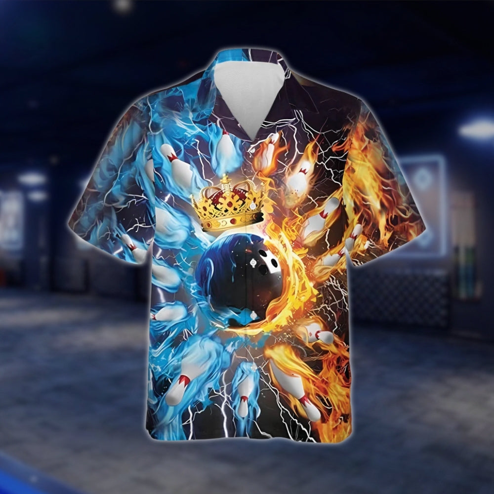 King Ball Flame Blue Orange Bowling Hawaiian Shirt, Flame Bowling Shirts BZ0140