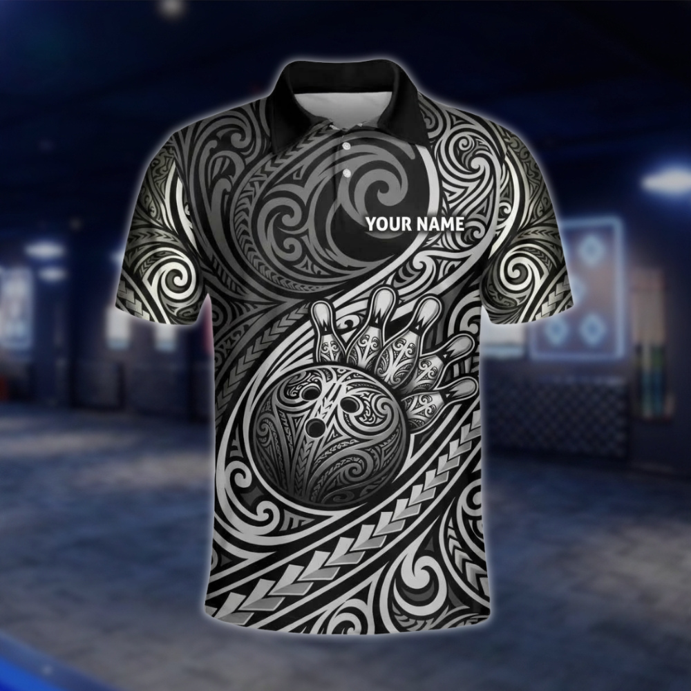 Personalized Tribal Black Grey Bowling Polo Shirt Men, Custom Tribal Bowling Shirt For Team BZ0933