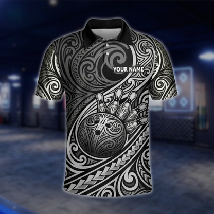 Personalized Tribal Black Grey Bowling Polo Shirt Men, Custom Tribal Bowling Shirt For Team BZ0933