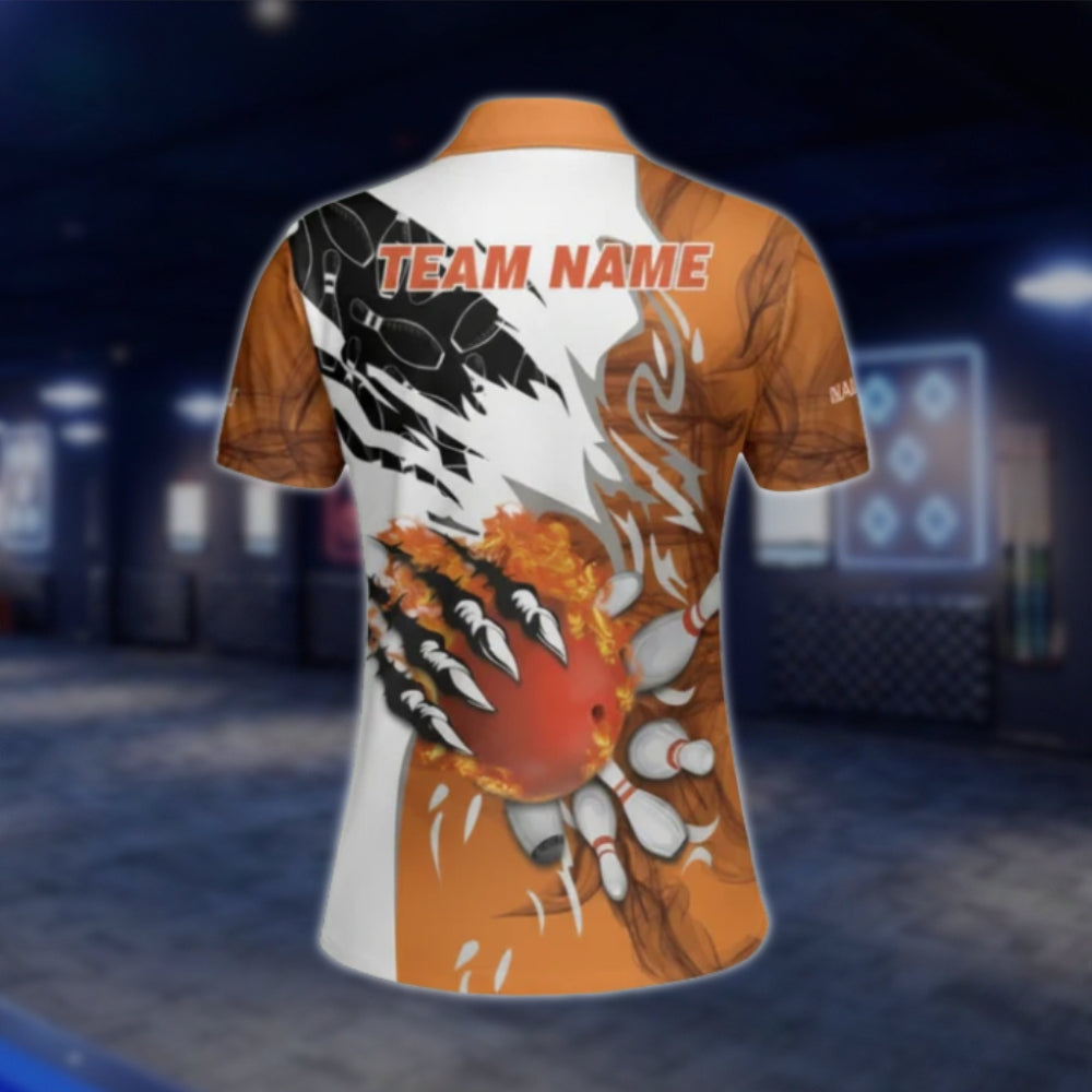 Flame Orange And White Custom Bowling Polo Shirts Women, Custom Flame Team Bowling Shirt Ladies BW0136