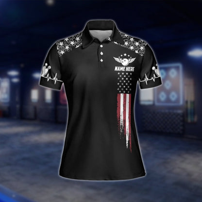 American Flag Custom Womens Bowling Polo Shirt, Custom Patriotic Bowling Team Shirt For Women BW0145