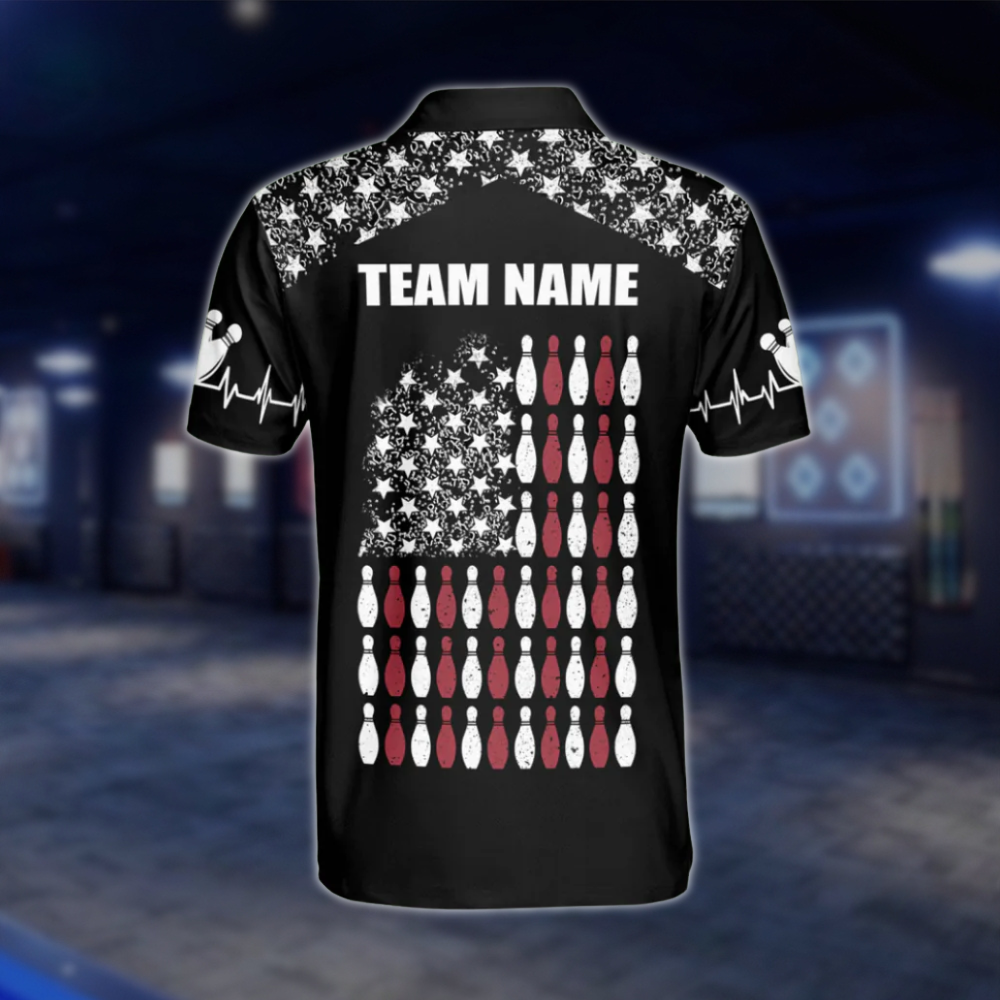 Personalised American Flag Black Polo Bowling Team Shirts, Custom Patriotic Bowling Shirts Team BZ0049