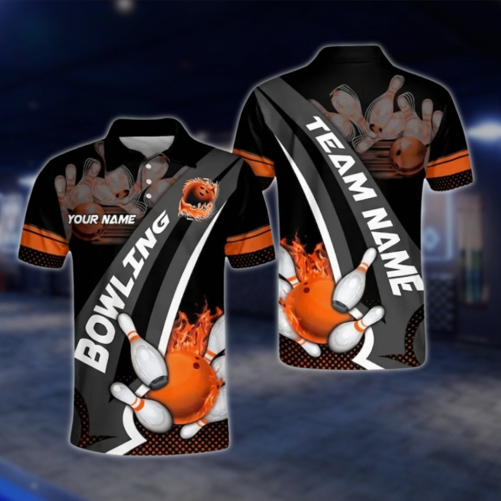 Custom Team Flame Ball Bowling Polo Shirt For Mens, Black And Red Custom Bowling Shirts BO0107