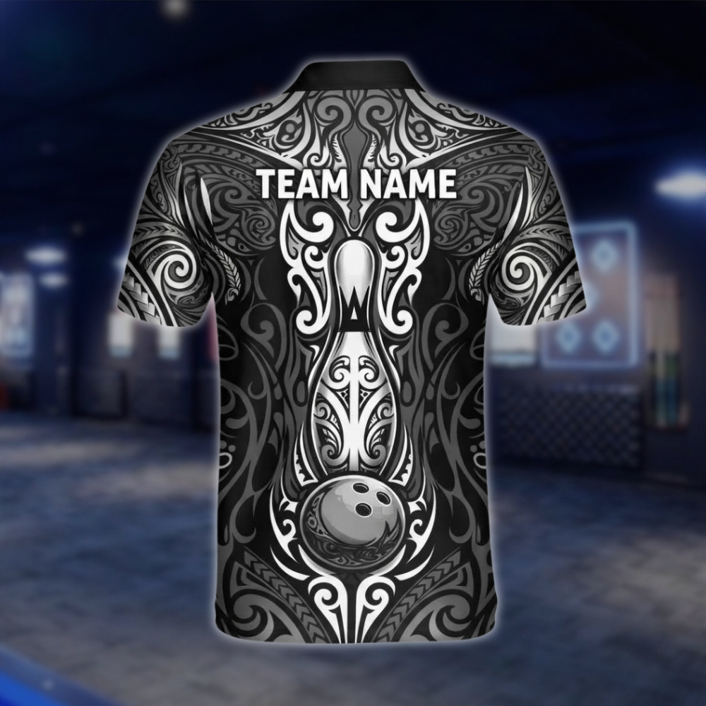 Personalized Tribal Black Grey Bowling Polo Shirt Men, Custom Tribal Bowling Shirt For Team BZ0933
