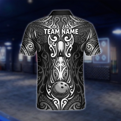 Personalized Tribal Black Grey Bowling Polo Shirt Men, Custom Tribal Bowling Shirt For Team BZ0933