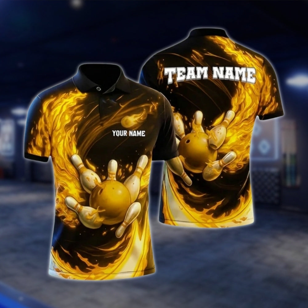 Custom Fire Ball Bowling Mens Polo Shirt, Custom Flame Bowling Shirts For Team BZ0331