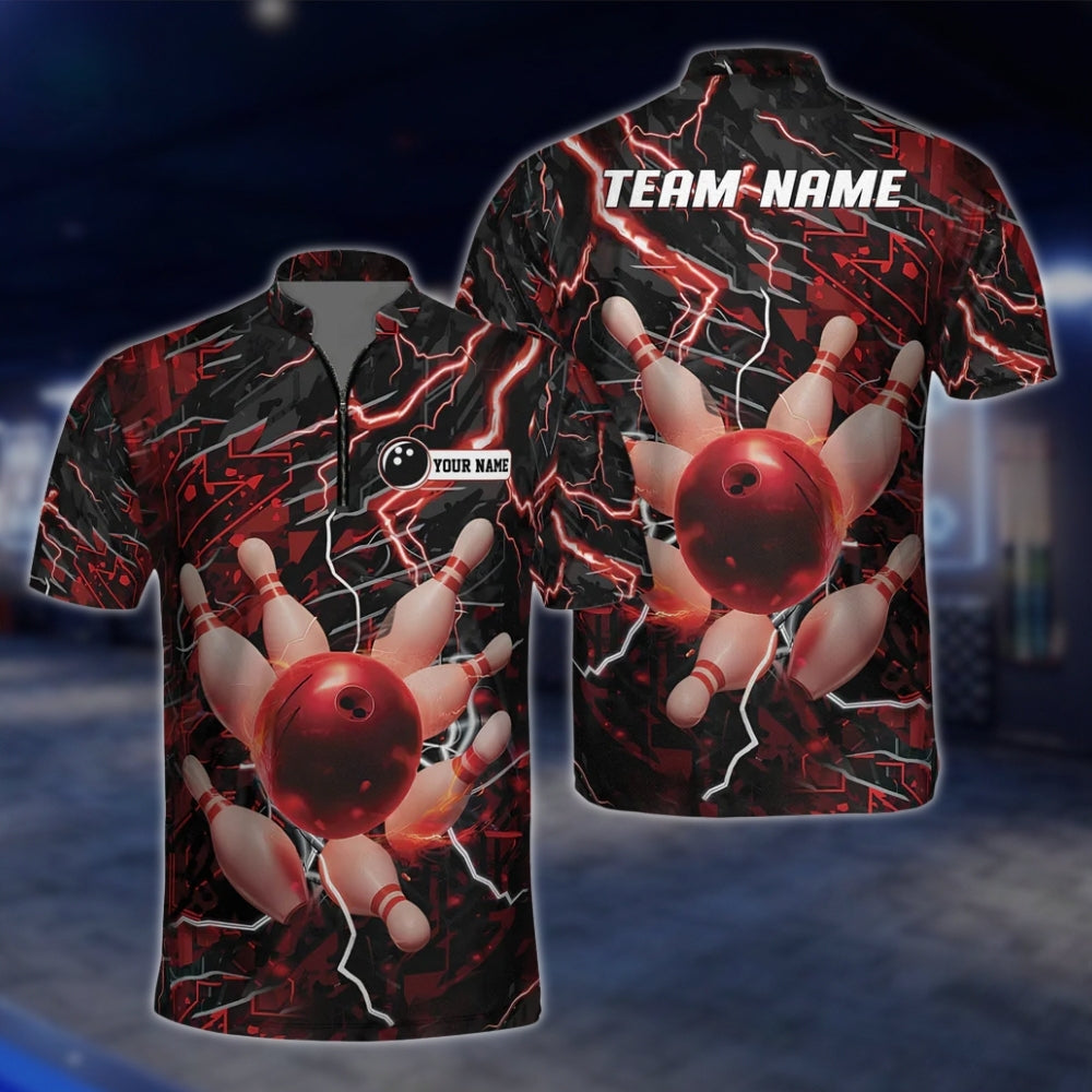 Custom Pink Thunder Lightning Mens Bowling Jersey, Custom Thunder Team Bowling Shirts BZ0165
