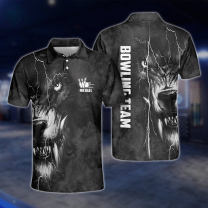 Custom Mens Wolf Black Bowling Polo Shirt, Custom Wolf Bowling Team Shirts BZ0260