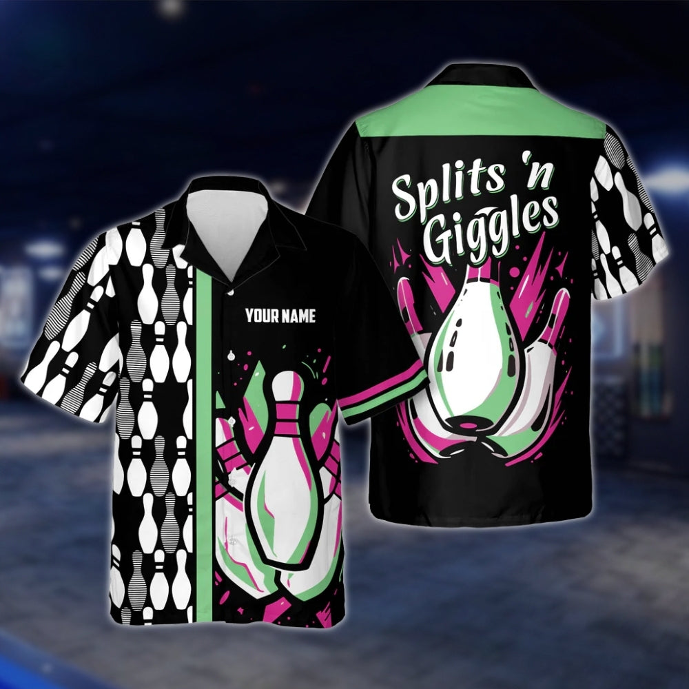Splits'n Giggles Custom Name Black Purple Bowling Hawaiian Shirt, Custom Funny Bowling Shirts BE0030