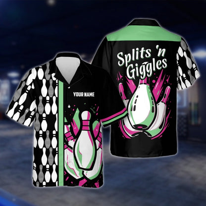 Splits'n Giggles Custom Name Black Purple Bowling Hawaiian Shirt, Custom Funny Bowling Shirts BE0030