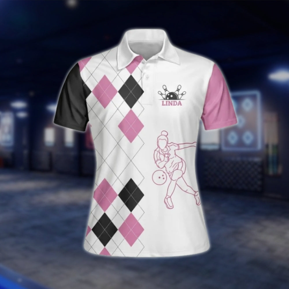 Watch Yourself This Girl Knows How To Handle Her Balls Custom Bowling Polo Shirt For Ladies, Pink And White Custom Funny Womens Bowling Shirts BW0030