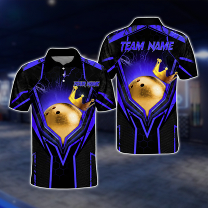 Custom Team Black Blue Bowling Ball King Polo Shirts For Men, Custom Bowling Team Shirts BA0004