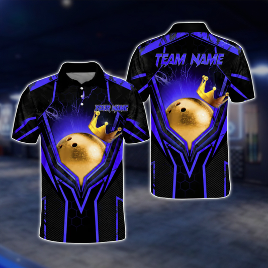 Custom Team Black Blue Bowling Ball King Polo Shirts For Men, Custom Bowling Team Shirts BA0004