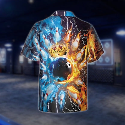 King Ball Flame Blue Orange Bowling Hawaiian Shirt, Flame Bowling Shirts BZ0140