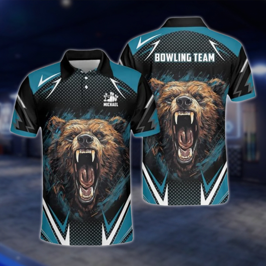 Personalized Angry Bear Bowling Polo Shirt For Men, Custom Bear Bowling Shirt Team BZ0786