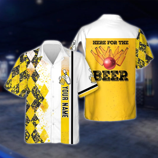 Here For The Beer Custom Argyle Yellow Bowling Hawaiian Shirt For Mens, Custom Funny Beer Bowling Shirts BZ0159