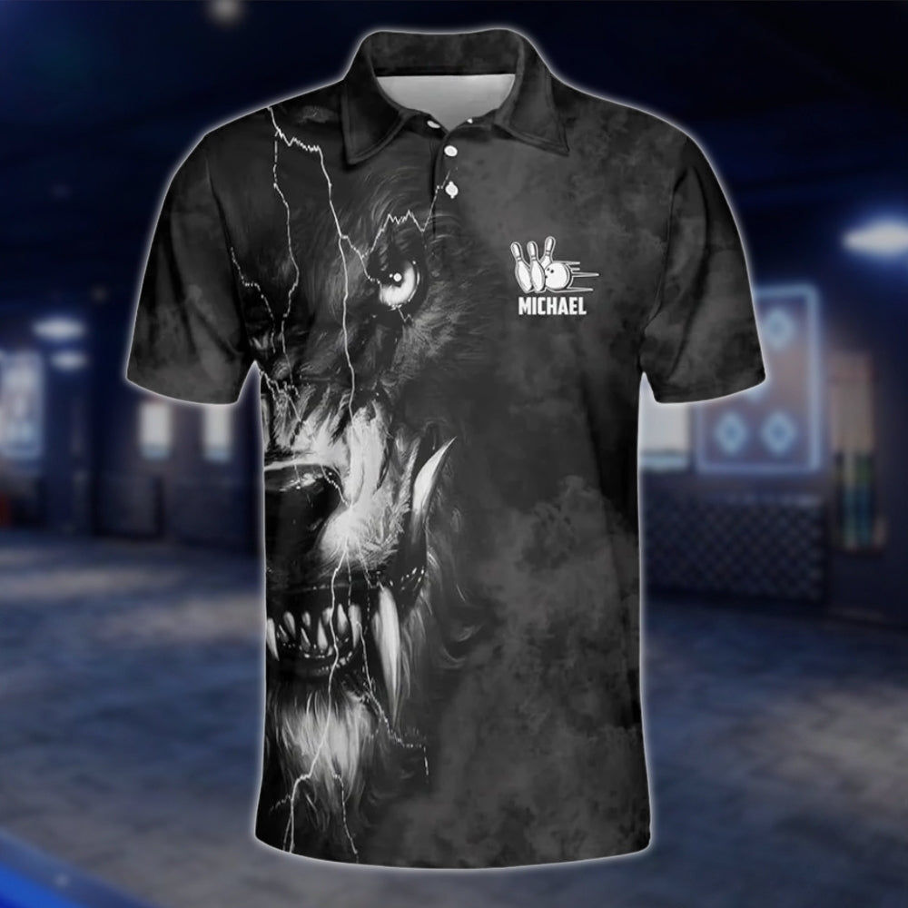 Custom Mens Wolf Black Bowling Polo Shirt, Custom Wolf Bowling Team Shirts BZ0260