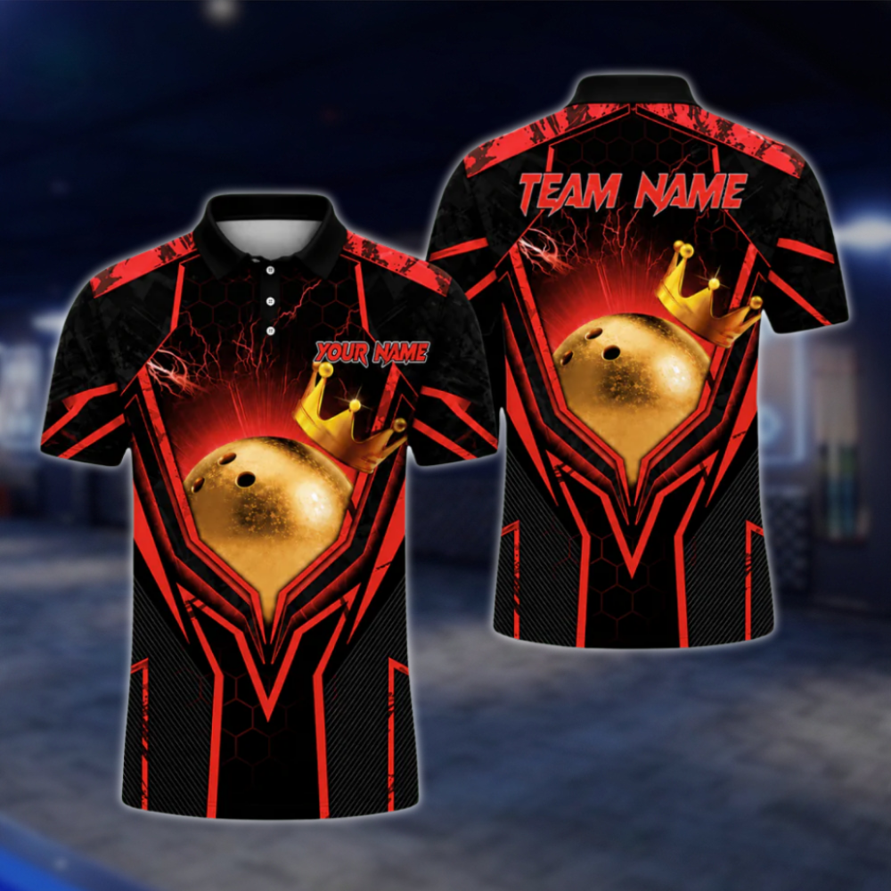 Custom Team Black Blue Bowling Ball King Polo Shirts For Men, Custom Bowling Team Shirts BA0004