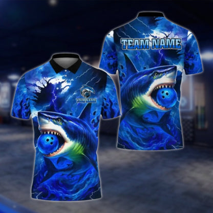 Custom Shark Blue Mens Bowling Polo Shirt, Custom Shark Team Bowling Shirts BE0111