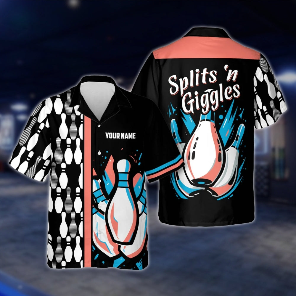 Splits'n Giggles Custom Name Black Purple Bowling Hawaiian Shirt, Custom Funny Bowling Shirts BE0030